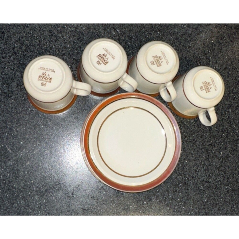 Cup & Saucer Set, 8-Piece, White Brown, Dishwasher Safe Mikasa Sierra Stoneware